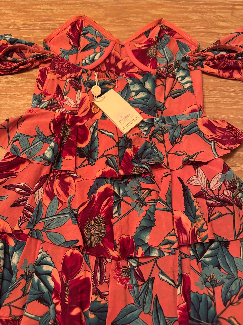 For Love And Lemons Orange Floral Tiered Dress with Teal Leaves - Picture 6 of 6